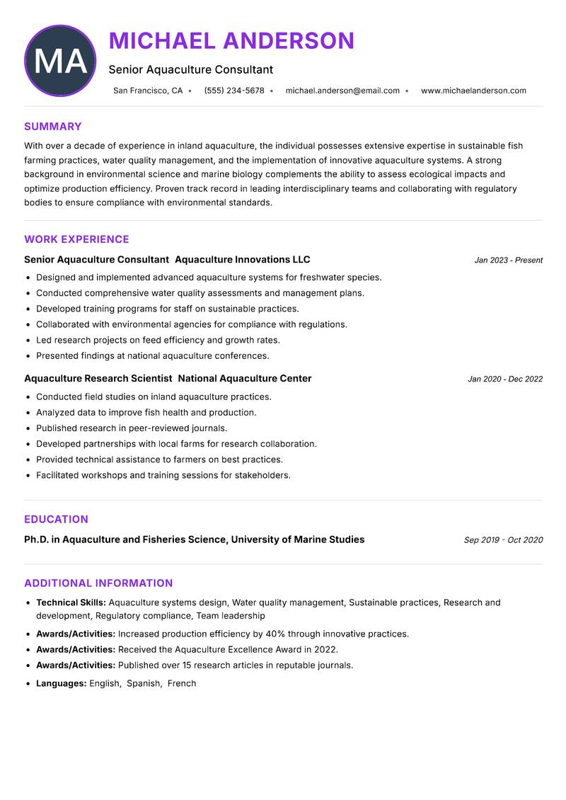 Inland Aquaculture Specialist Resume Preview Example