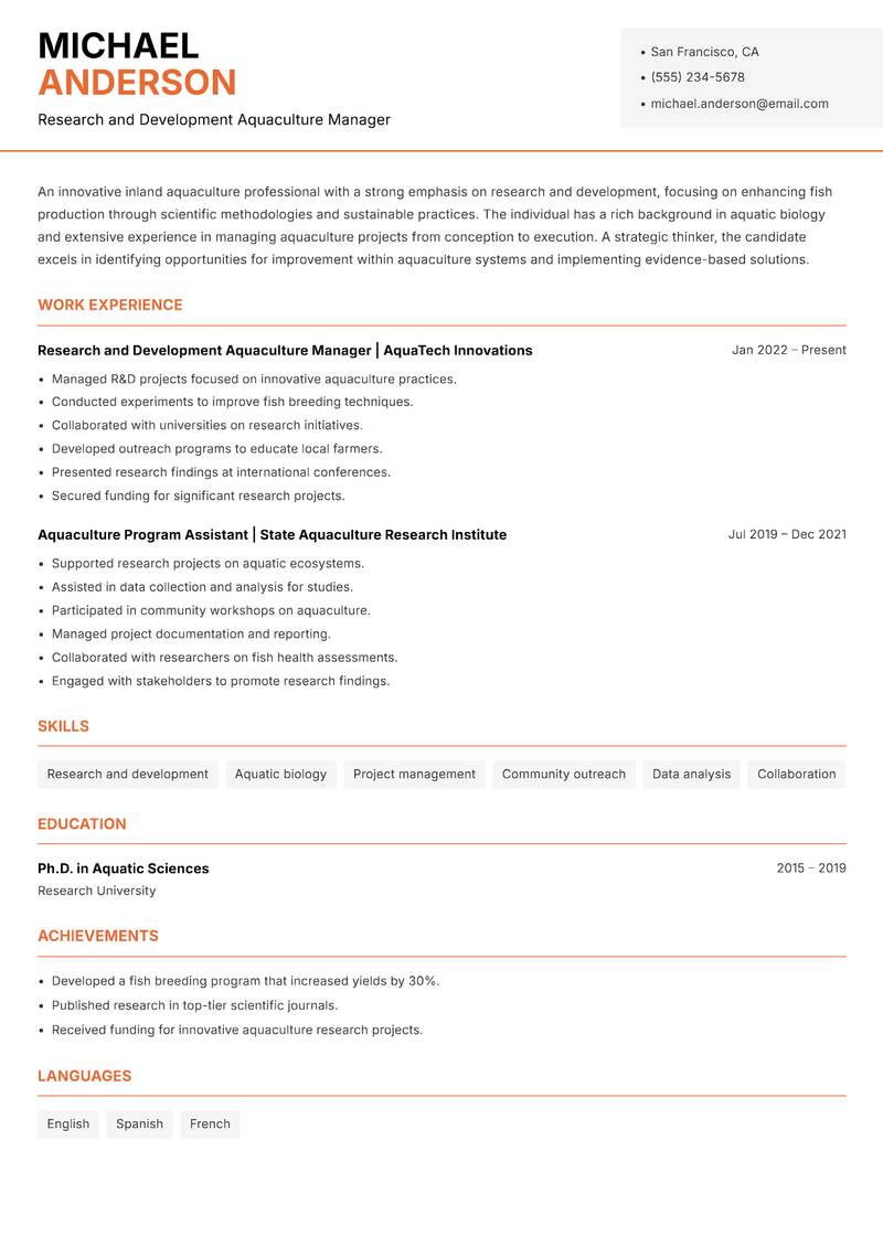 Inland Aquaculture Specialist Resume Template