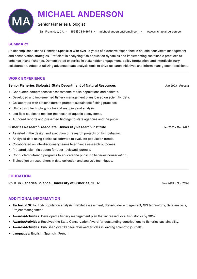 Inland Fisheries Specialist Resume Preview Example