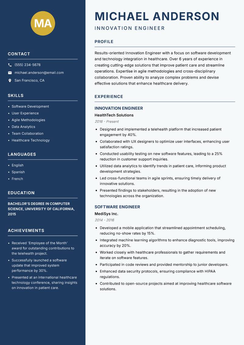 Innovation Engineer Resume Preview Example