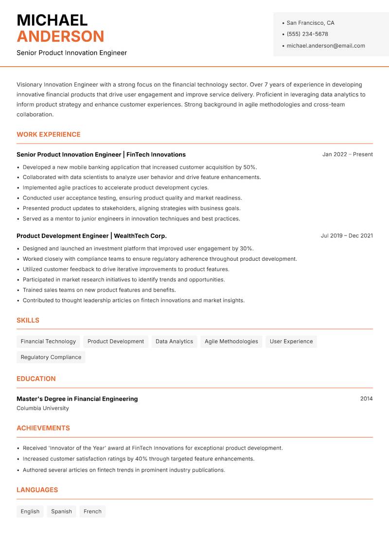 Innovation Engineer Resume Template