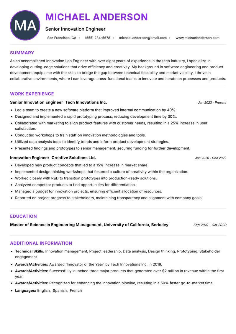 Innovation Lab Engineer Resume Preview Example