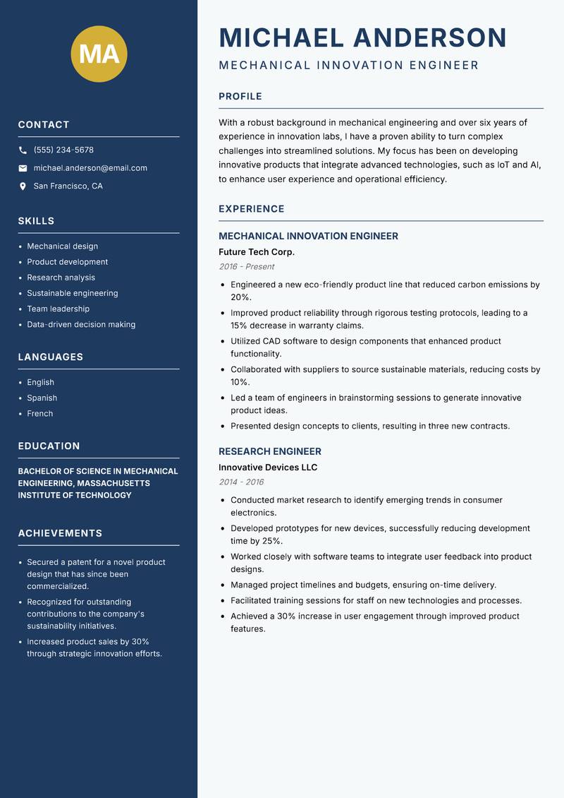Innovation Lab Engineer Resume Preview Example