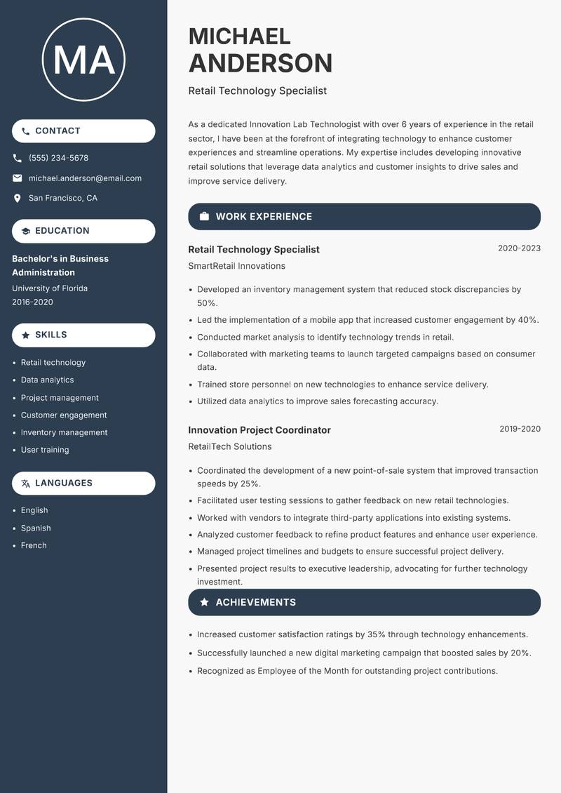 Innovation Lab Technologist Resume Preview Example