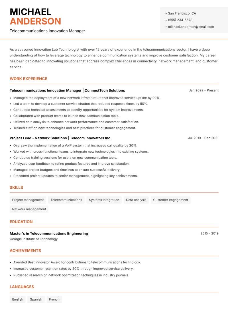 Innovation Lab Technologist Resume Template