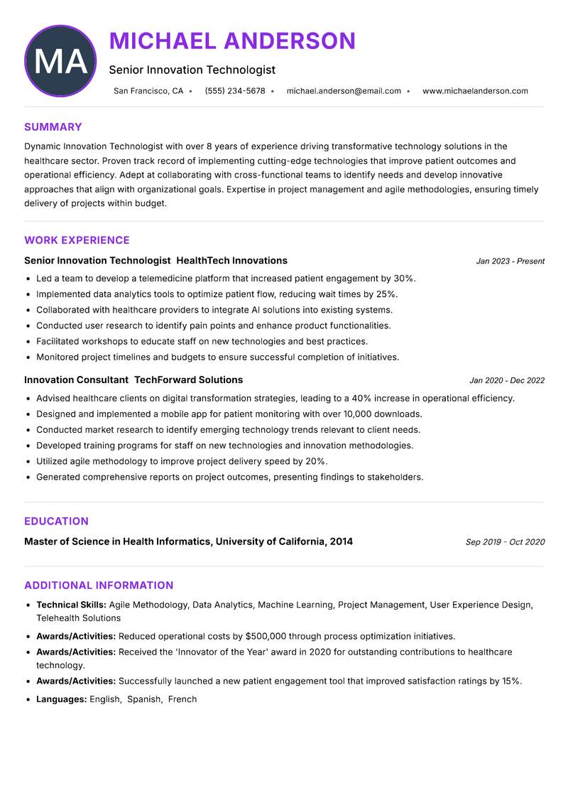 Innovation Technologist Resume Preview Example