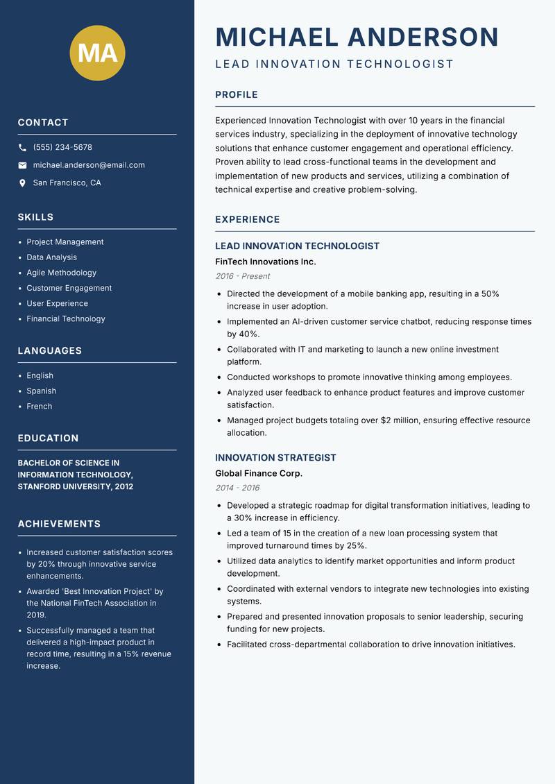 Innovation Technologist Resume Preview Example