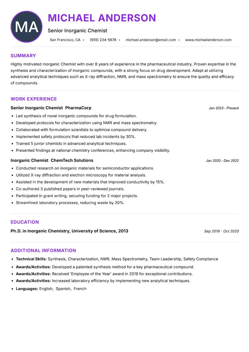 Inorganic Chemist Resume Preview Example