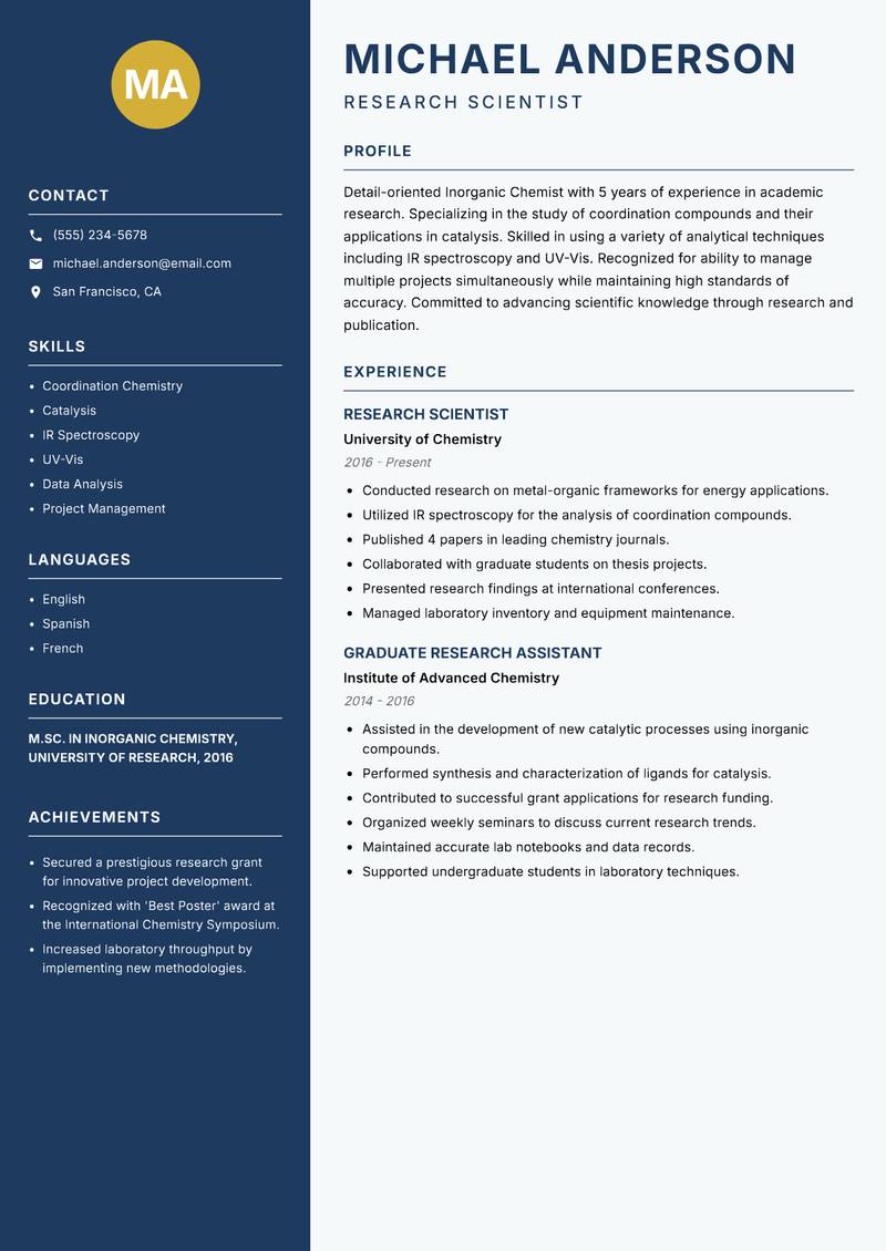 Inorganic Chemist Resume Preview Example