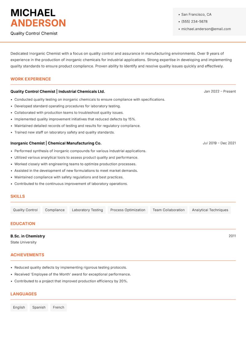 Inorganic Chemist Resume Template