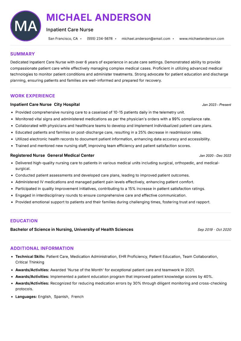 Inpatient Care Nurse Resume Preview Example