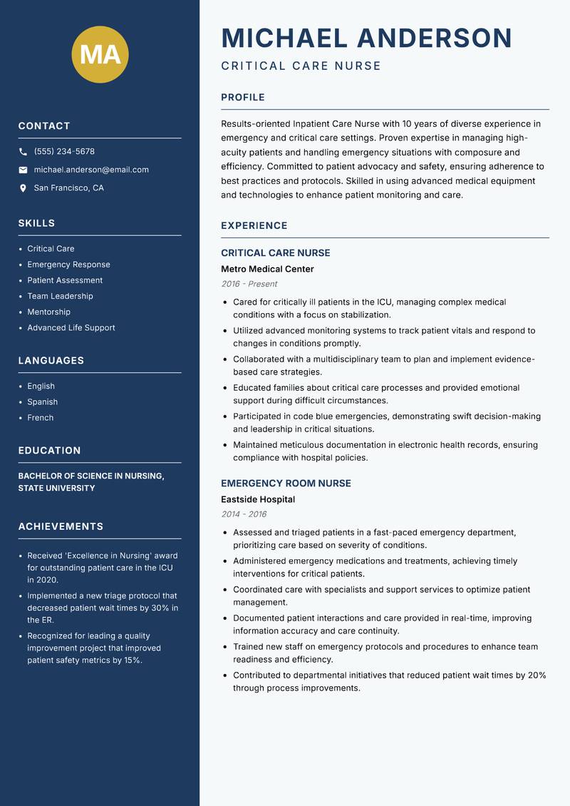 Inpatient Care Nurse Resume Preview Example