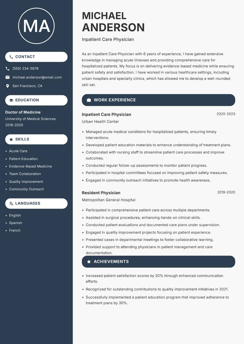 Inpatient Care Physician Resume Preview Example
