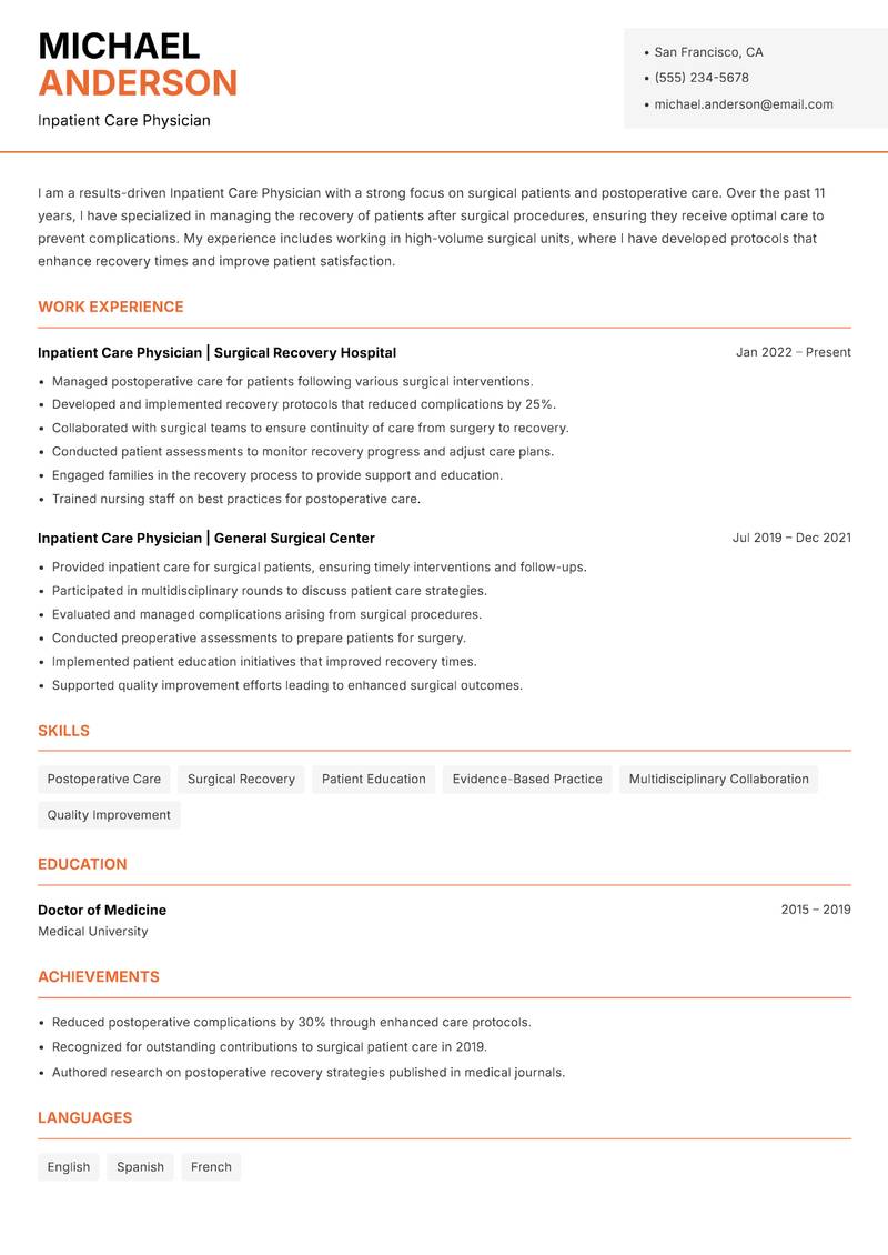 Inpatient Care Physician Resume Template