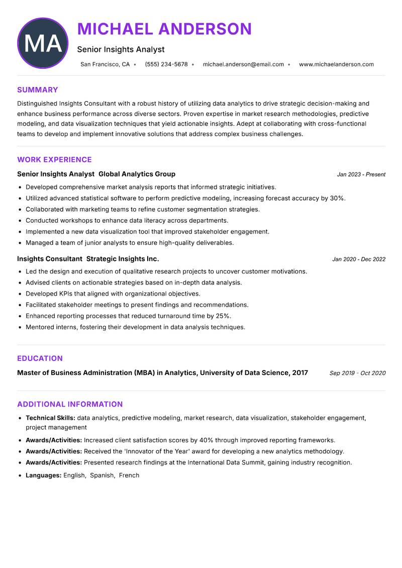 Insights Consultant Resume Preview Example