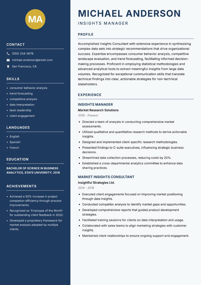 Insights Consultant Resume Preview Example