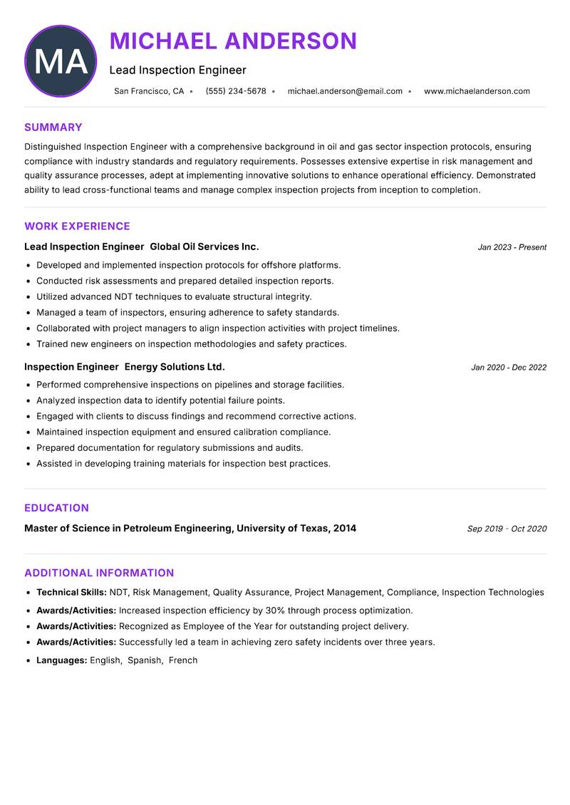 Inspection Engineer Oil Gas Resume Preview Example