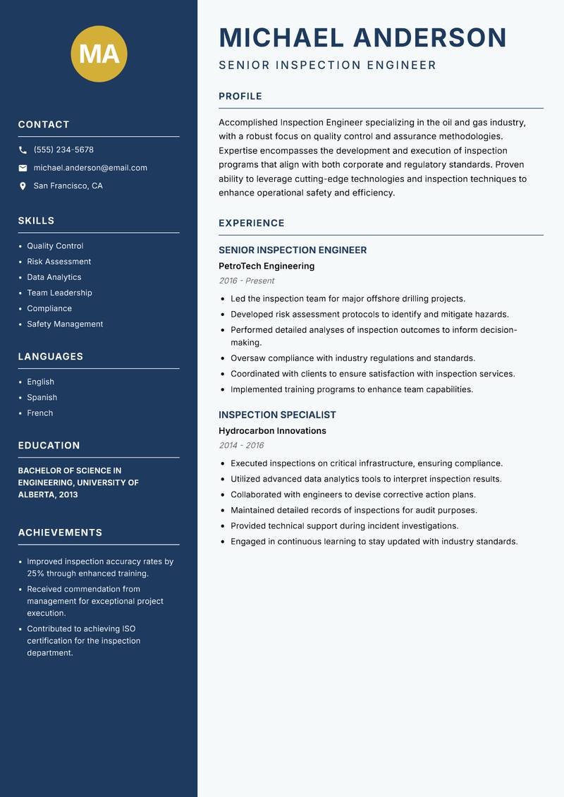 Inspection Engineer Oil Gas Resume Preview Example