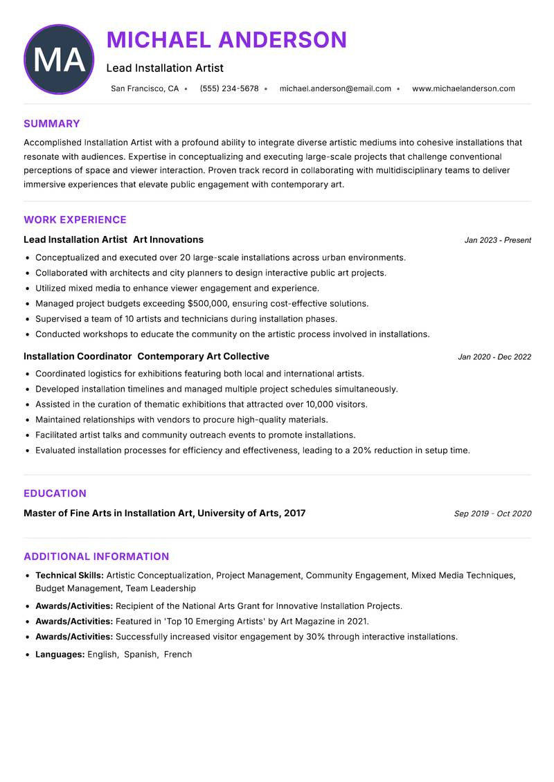 Installation Artist Resume Preview Example