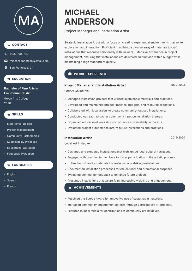 Installation Artist Resume Preview Example