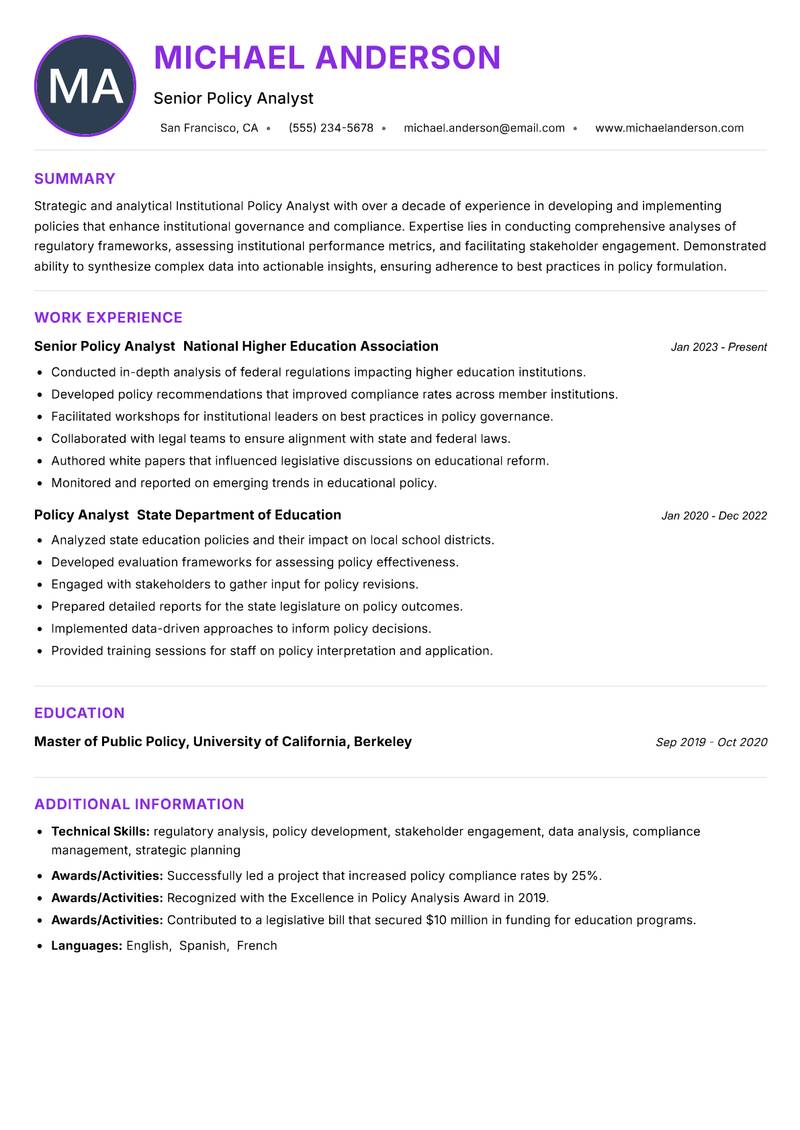 Institutional Policy Analyst Resume Preview Example