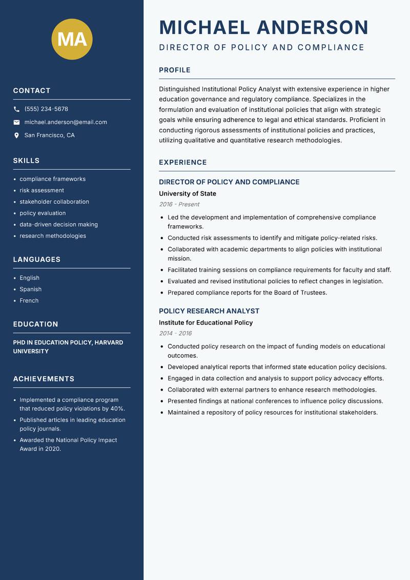 Institutional Policy Analyst Resume Preview Example