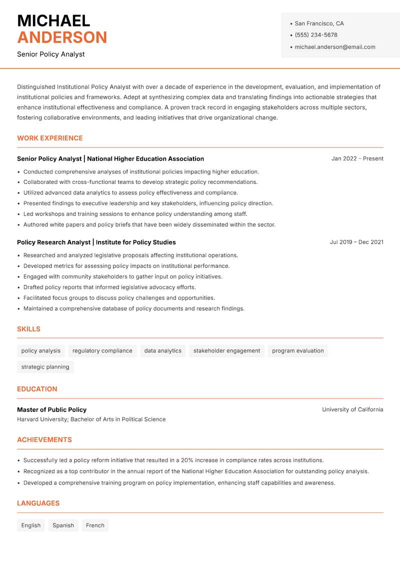 Institutional Policy Analyst Resume Template