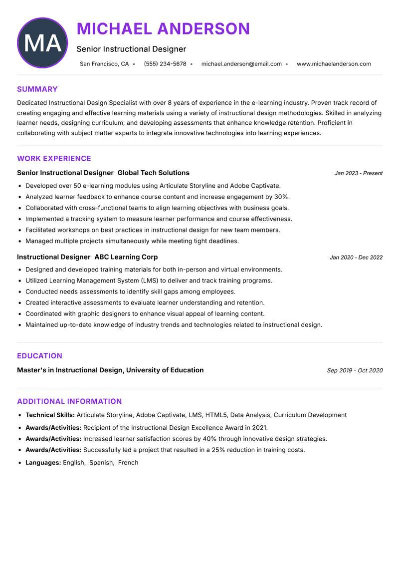 Instructional Design Specialist Resume Preview Example