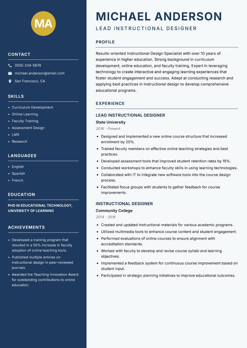 Instructional Design Specialist Resume Preview Example