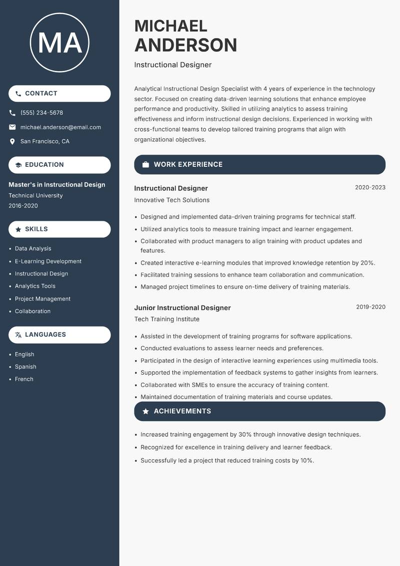 Instructional Design Specialist Resume Preview Example