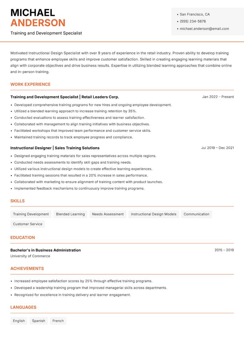 Instructional Design Specialist Resume Template