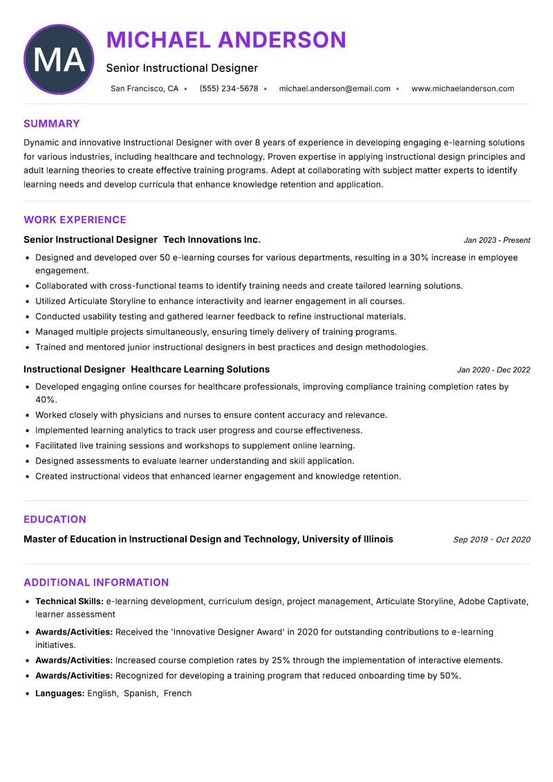 Instructional Designer Resume Preview Example
