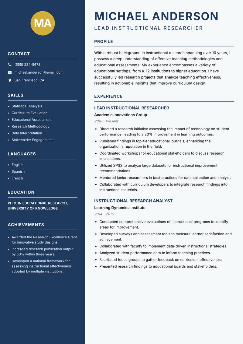 Instructional Researcher Resume Preview Example