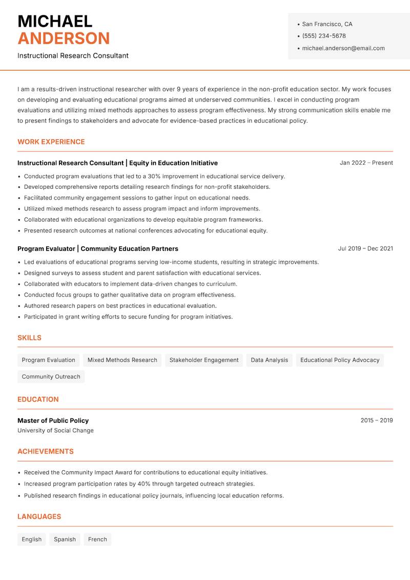 Instructional Researcher Resume Template