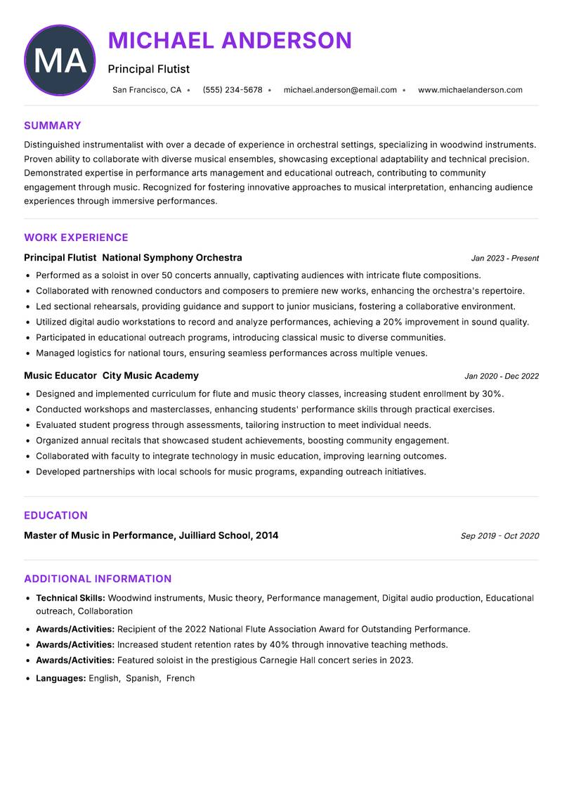 Instrumentalist Resume Preview Example