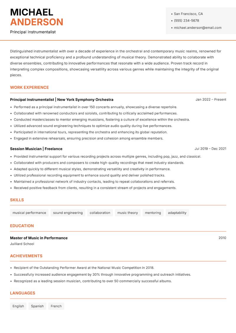 Instrumentalist Resume Template