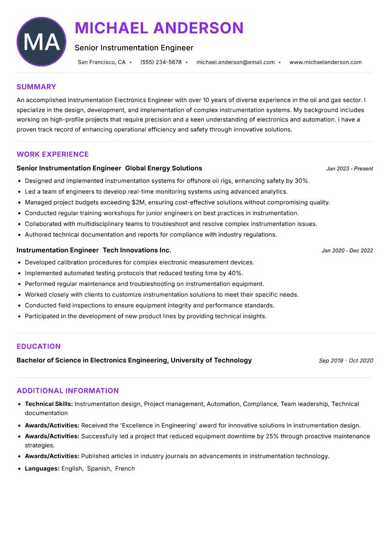 Instrumentation Electronics Engineer Resume Preview Example