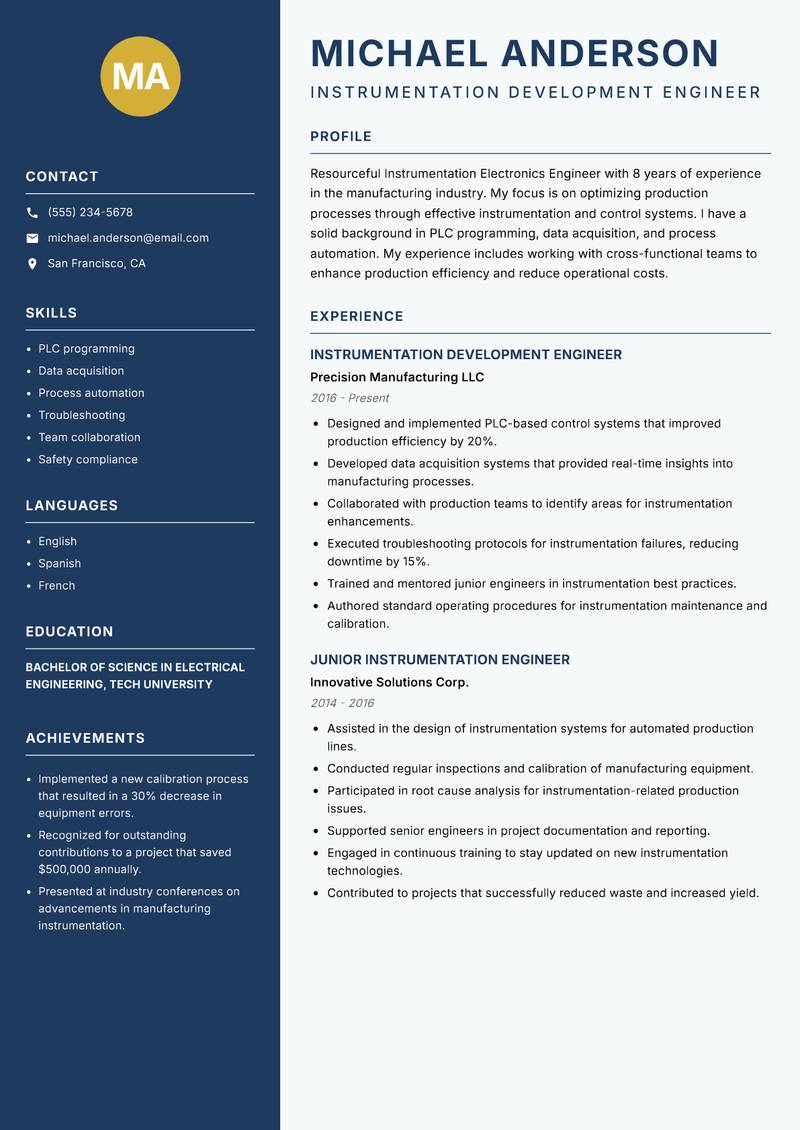 Instrumentation Electronics Engineer Resume Preview Example
