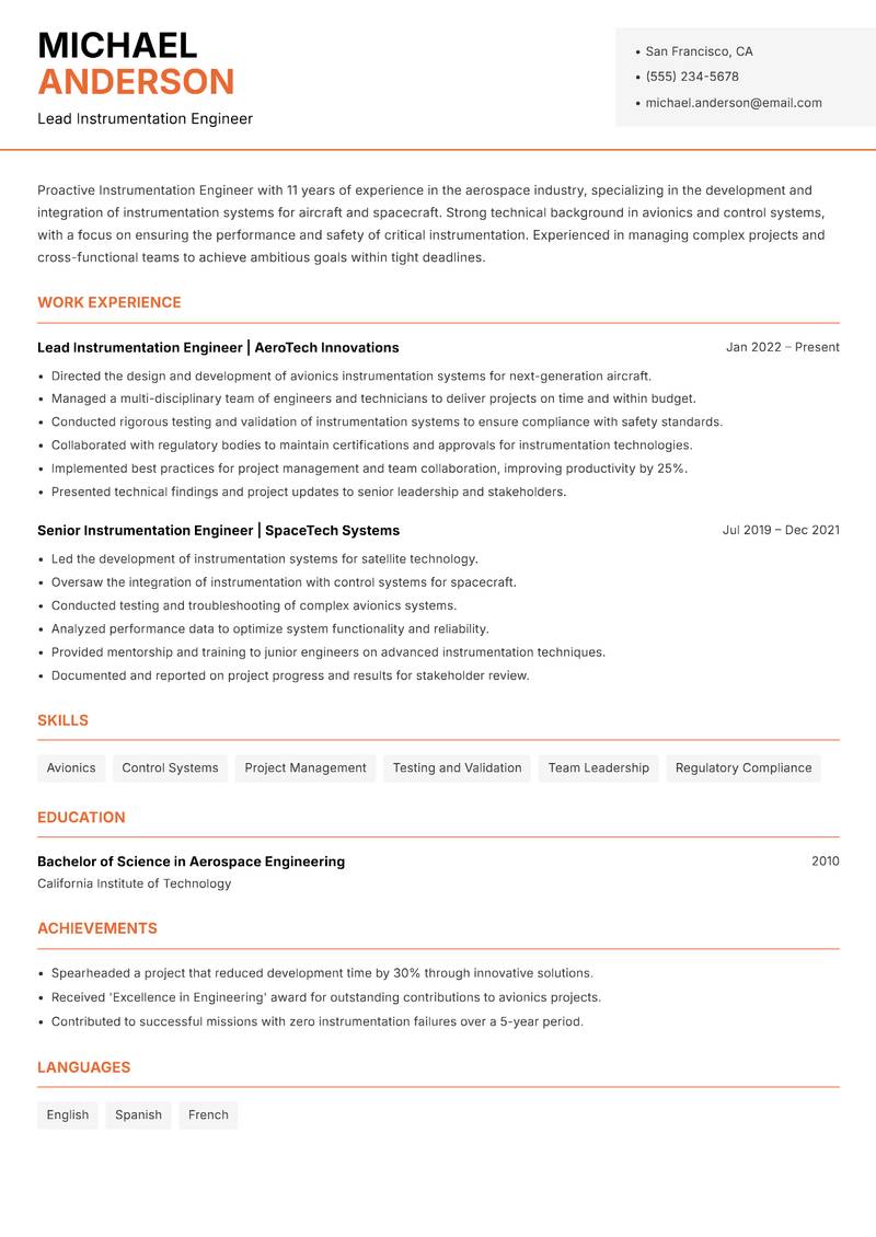 Instrumentation Engineer Resume Template