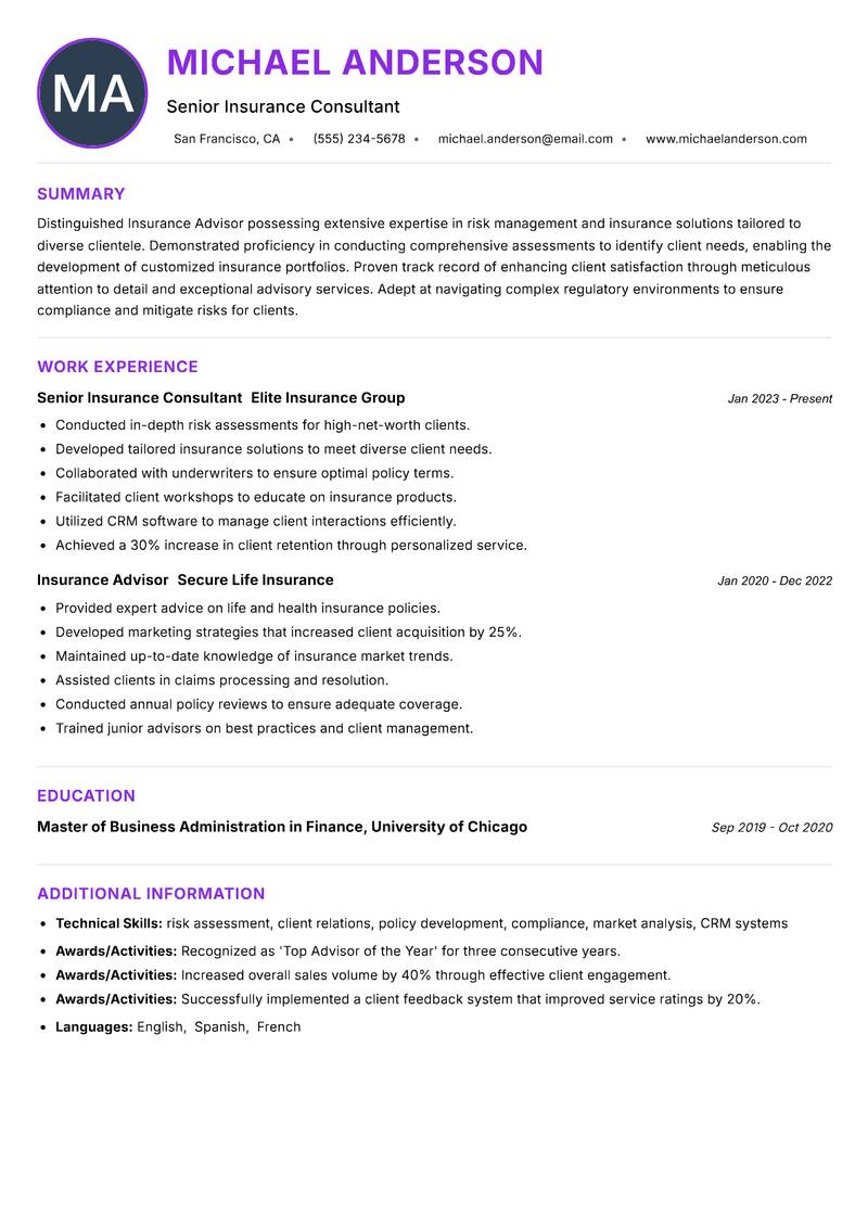 Insurance Advisor Resume Preview Example