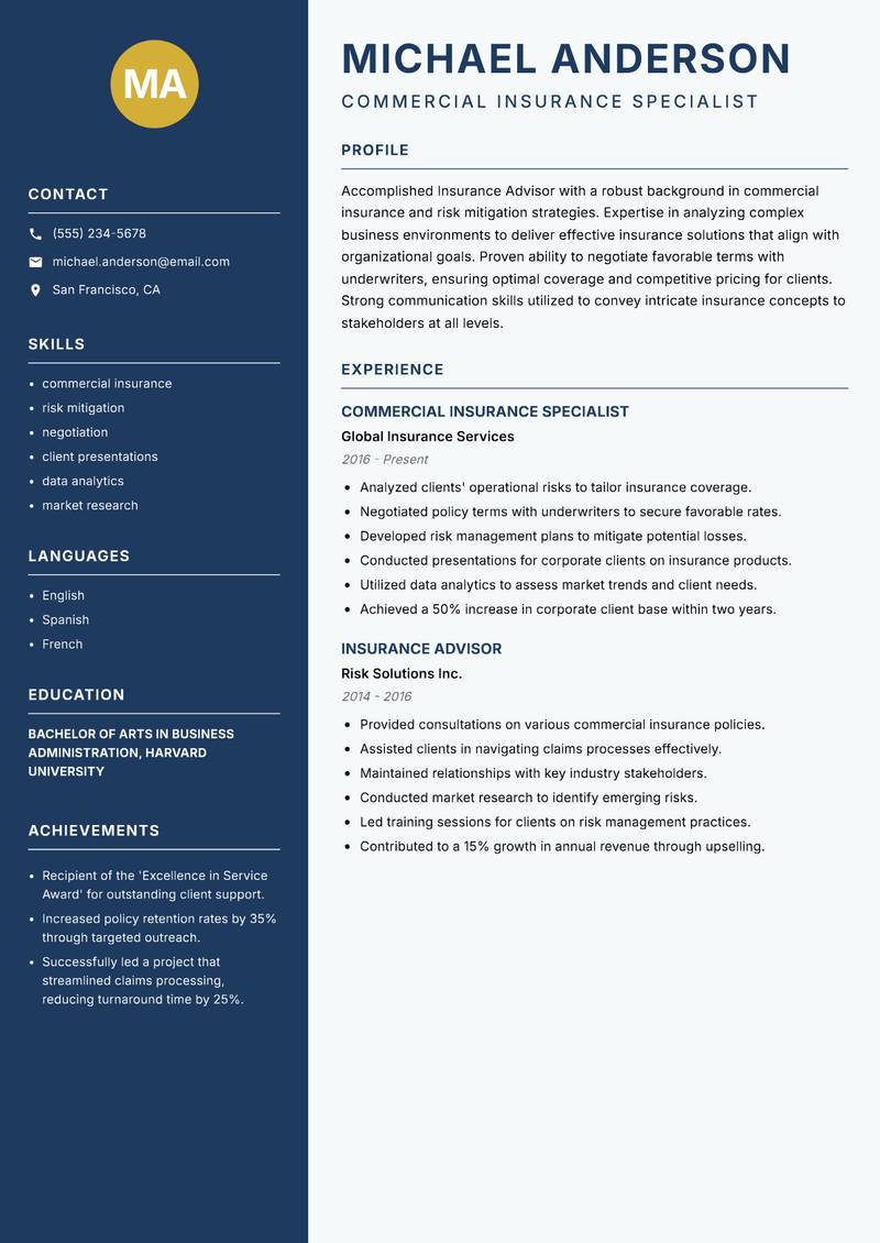 Insurance Advisor Resume Preview Example