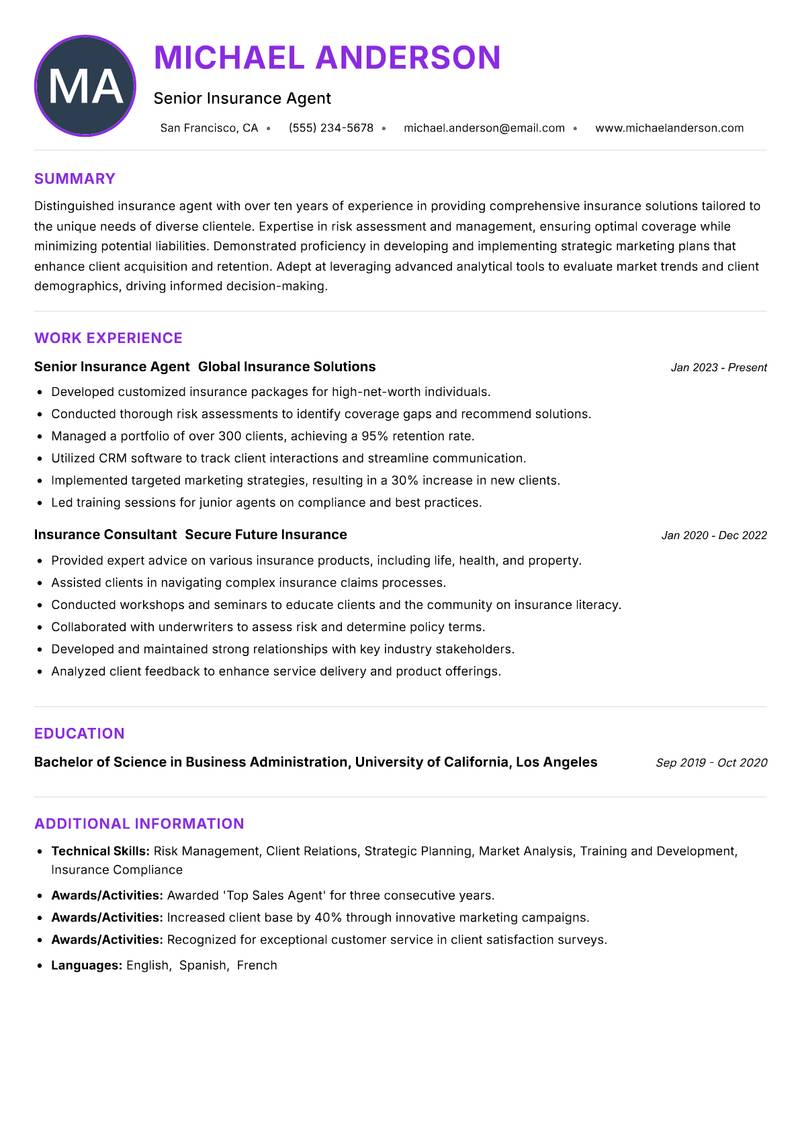 Insurance Agent Resume Preview Example