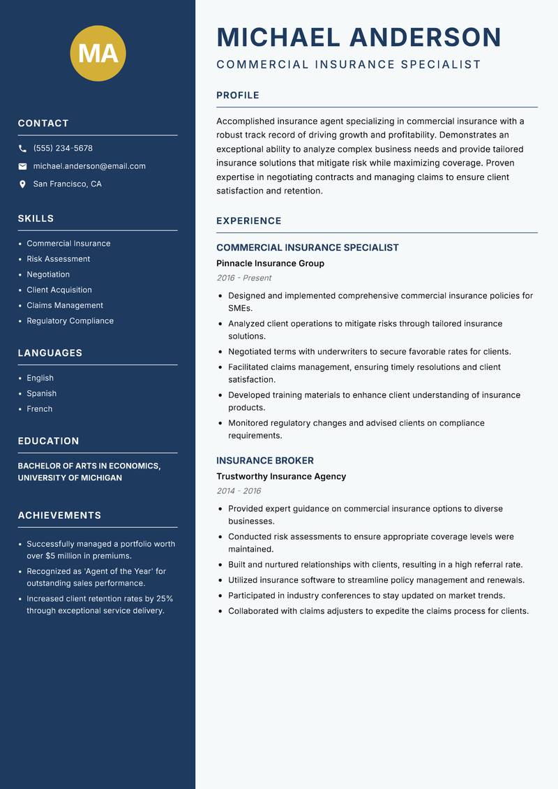 Insurance Agent Resume Preview Example