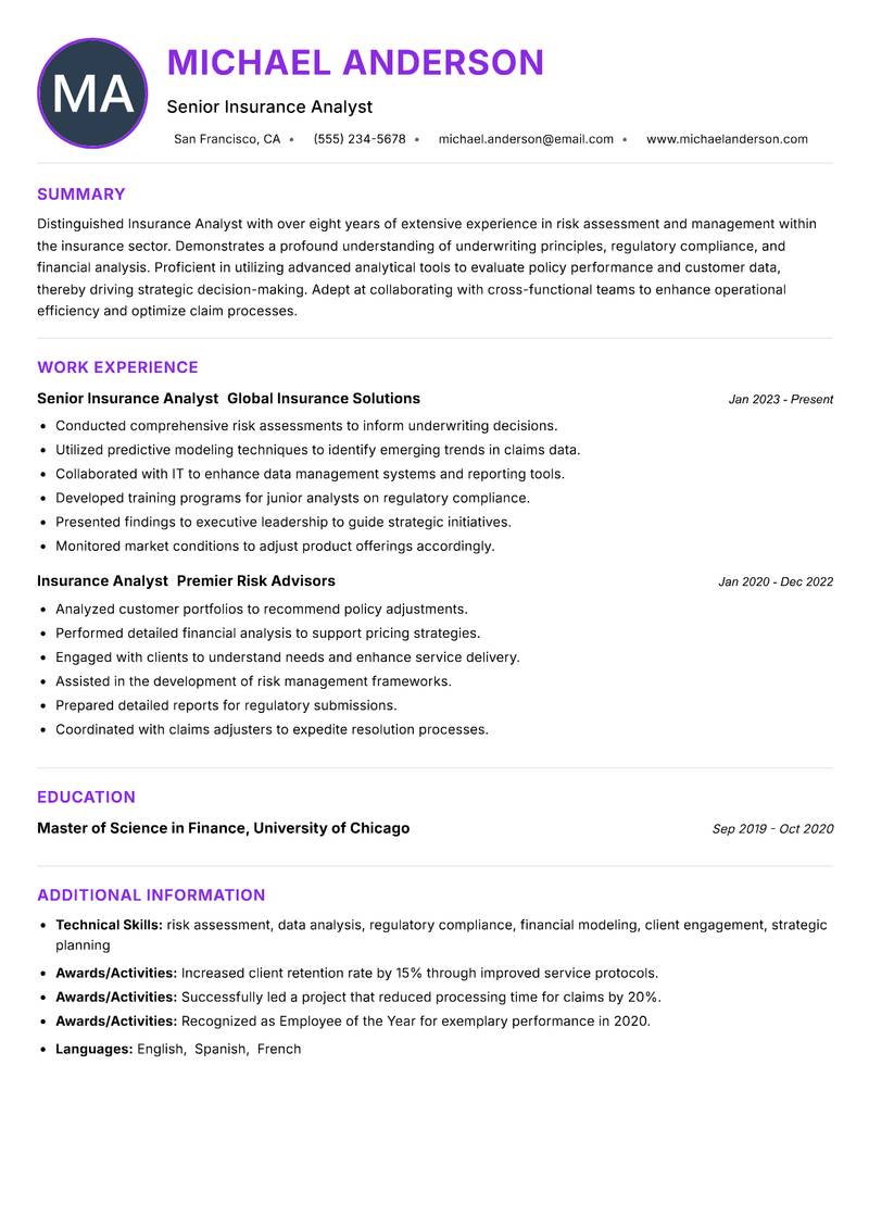 Insurance Analyst Resume Preview Example