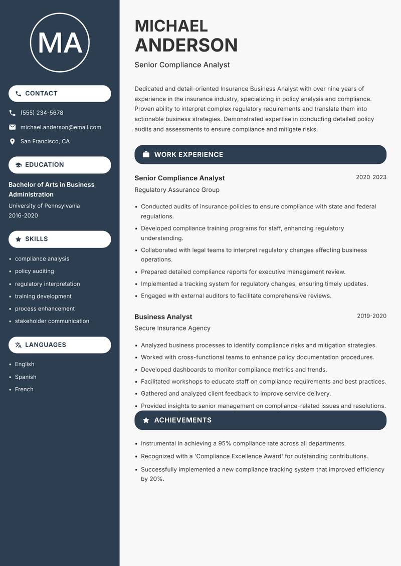 Insurance Business Analyst Resume Preview Example