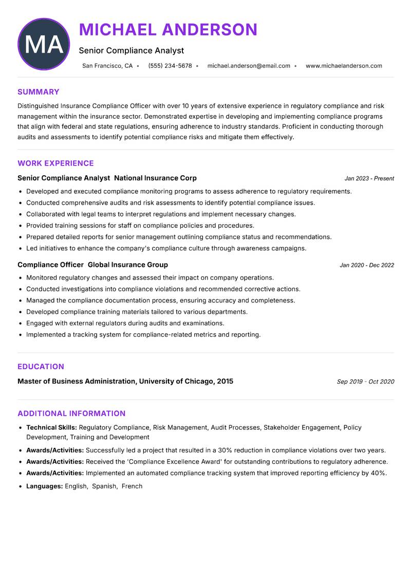 Insurance Compliance Officer Resume Preview Example