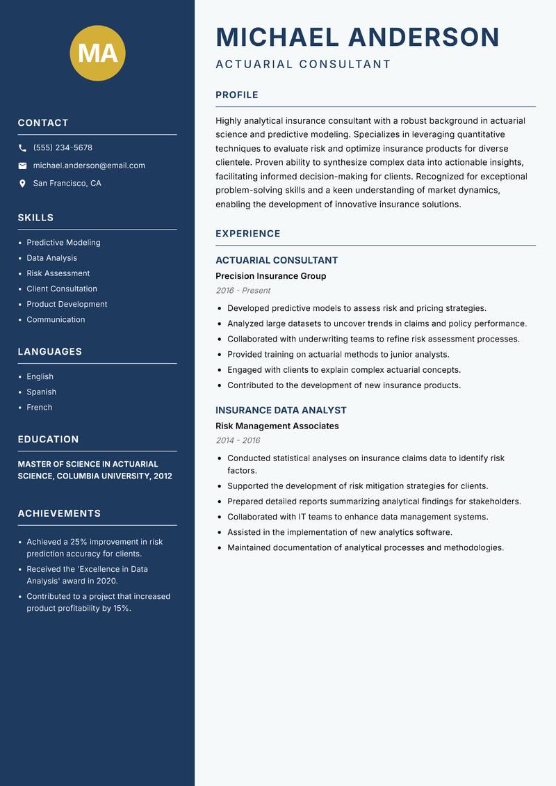 Insurance Consultant Resume Preview Example