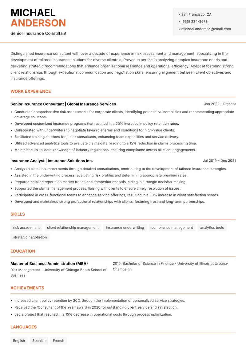 Insurance Consultant Resume Template