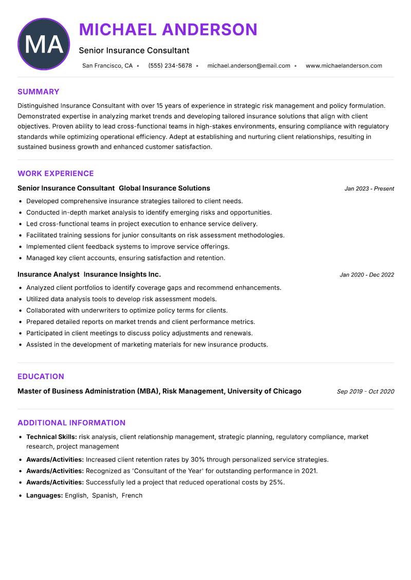 Insurance Consultant Strategy Resume Preview Example