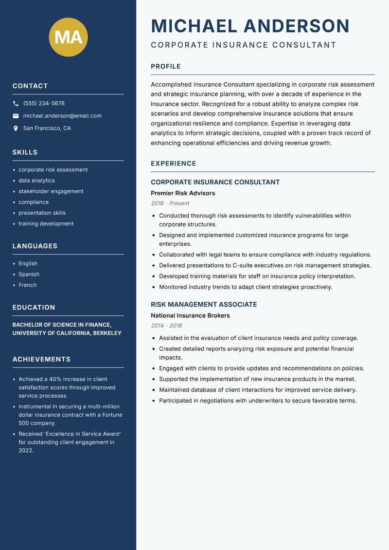 Insurance Consultant Strategy Resume Preview Example
